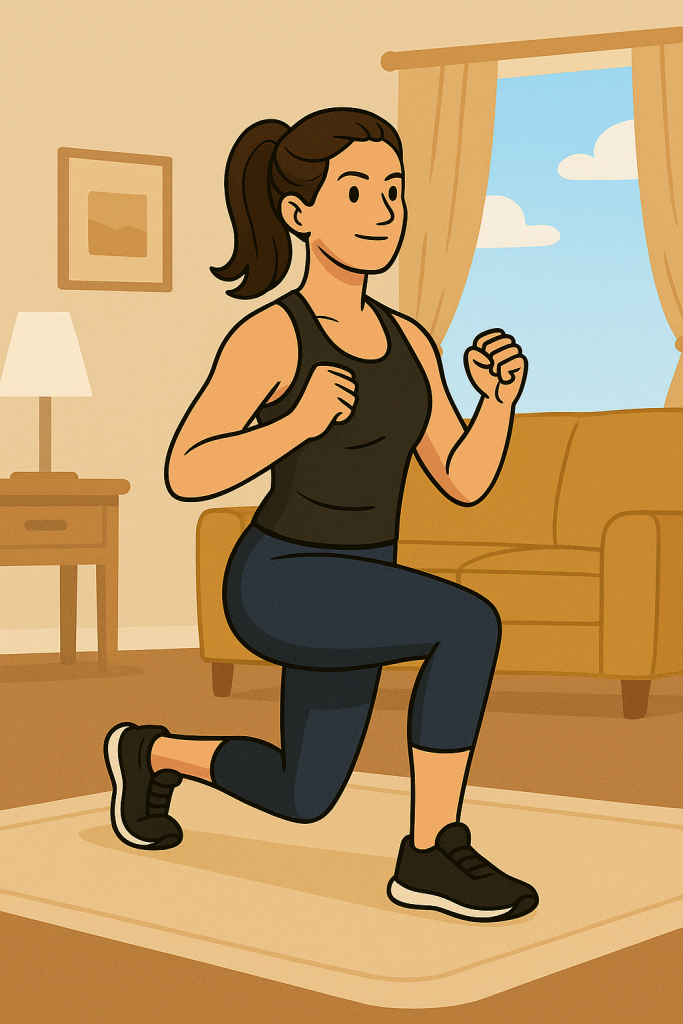 Mujer joven entrenando en casa con ejercicios funcionales para ponerse en forma desde casa